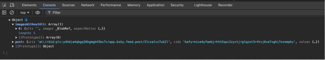 Screenshot of a web browser's developer console, showing a JavaScript object named 'imagesWithoutAlt'. This object contains an array with one entry, indicating an image element is missing alt text. The entry includes properties like 'alt' (which is empty), 'image' (a BlobRef), and 'aspectRatio'. It also shows the associated 'post' with its 'uri' (a long identifier starting with 'at://did:plc:') and 'cid'.