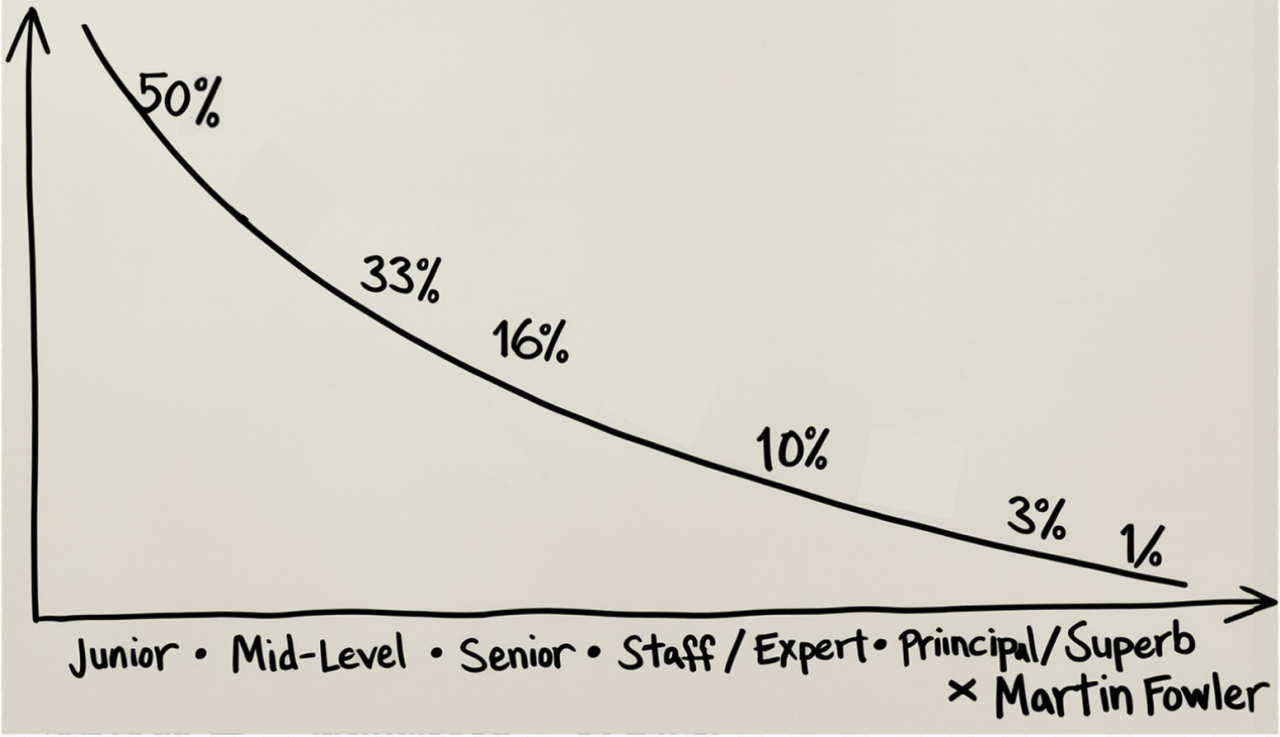 A hand-drawn graph shows a downward-sloping curve on a background that resembles a whiteboard. The X-axis is labeled with developer seniority levels, from "Junior" on the left to "Principal/Superb" and "Martin Fowler" on the right. The Y-axis has a vertical arrow pointing up. The curve is labeled with percentages at various points, corresponding to the seniority levels: "50%" for Junior, "33%" for Mid-Level, "16%" for Senior, "10%" for Staff/Expert, and "3%" and "1%" for Principal/Superb. The graph illustrates the decreasing probability of a developer solving a problem alone as their seniority increases.