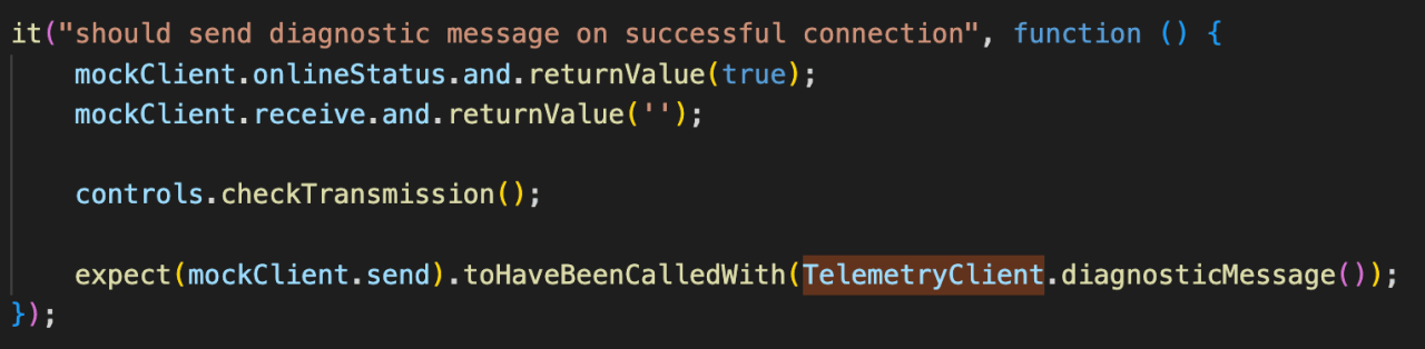 Code snippet showing a test for sending diagnostic message on successful connection with mockClient methods and expect assertions