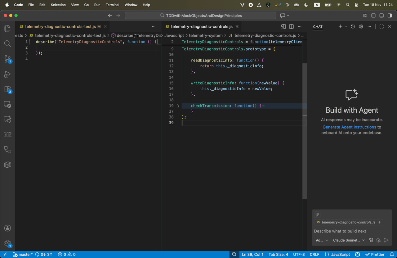 VSCode IDE screenshot showing three panes with test file on left, implementation file in center, and GitHub Copilot chat window on right for AI-assisted test development