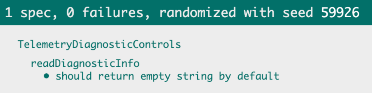 Code snippet and test results showing readDiagnosticInfo test with 1 spec passing and 0 failures, demonstrating successful test execution