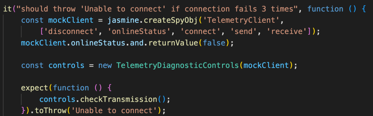 A screenshot of a code snippet showing a JavaScript unit test in a dark-themed editor. The test case is titled "should throw 'Unable to connect' if connection fails 3 times." The code sets up a mockClient using Jasmine, mocks the client's onlineStatus to return false, and then uses an expect block to verify that calling controls.checkTransmission() throws an error with the message 'Unable to connect'.