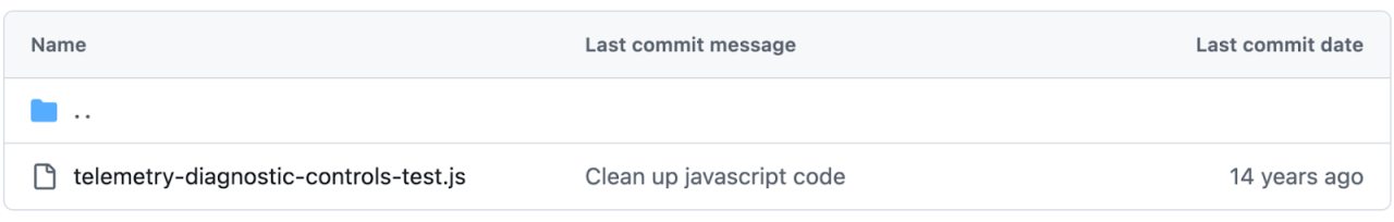 GitHub file listing showing test file telemetry-diagnostic-controls-test.js last modified 14 years ago